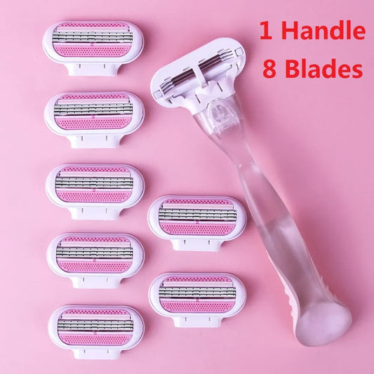 ( 1 Handle + 8 Blades ) Women Safety Razor Blades Face/ Leg/ Armpit/ Bikini Beauty Hair Removal Shaving Compatible Venus Shaver